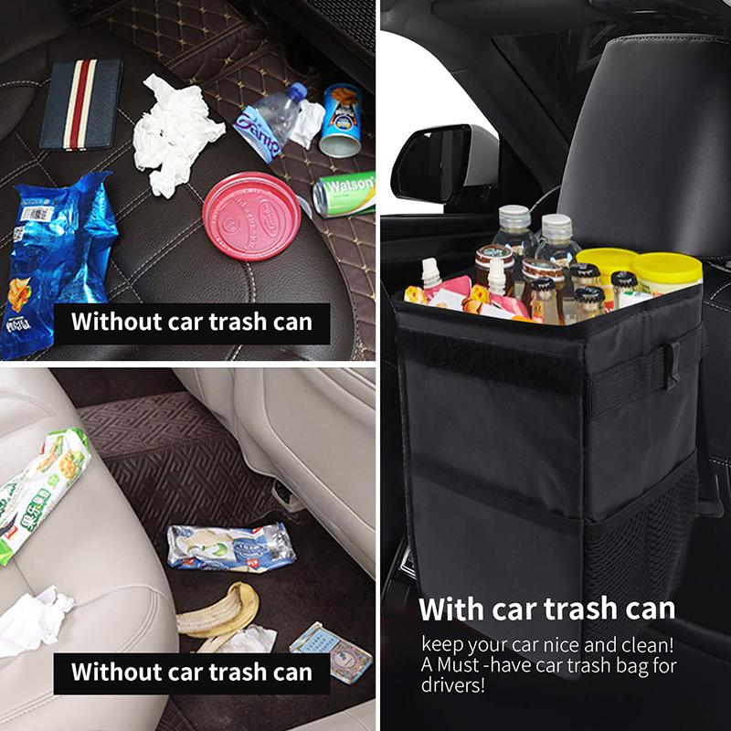 Car Trash Can With Lid Car Trash Bag Hanging With Storage Pockets Collapsible And Portable Car Garbage Bin