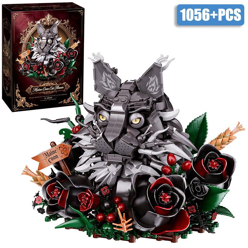 Gotische Maine Coon Kat met Rozenboeket Bouwstenen 1056 stuks MOC Cartoon Dier Model Blokken Speelgoed