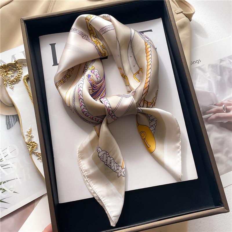 Silk Scarf Women'S Scarf Shawl 70Cm Korean Small Square Scarf Satin Surface Print Sun-Proof Headscarf