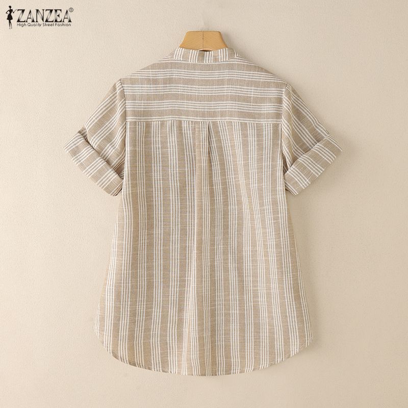 ZANZEA Women Casual V-Neck Summer Short Sleeve Stripe Blouse