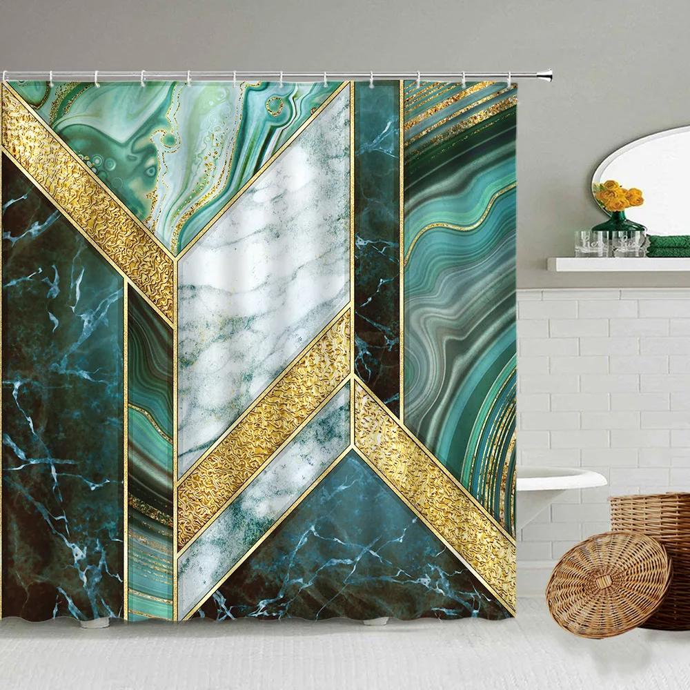 Marble Striped Shower Curtain For Bathroom, Waterproof Screen With Hook, White, Gray, Gold, Black, Decorative Accessories