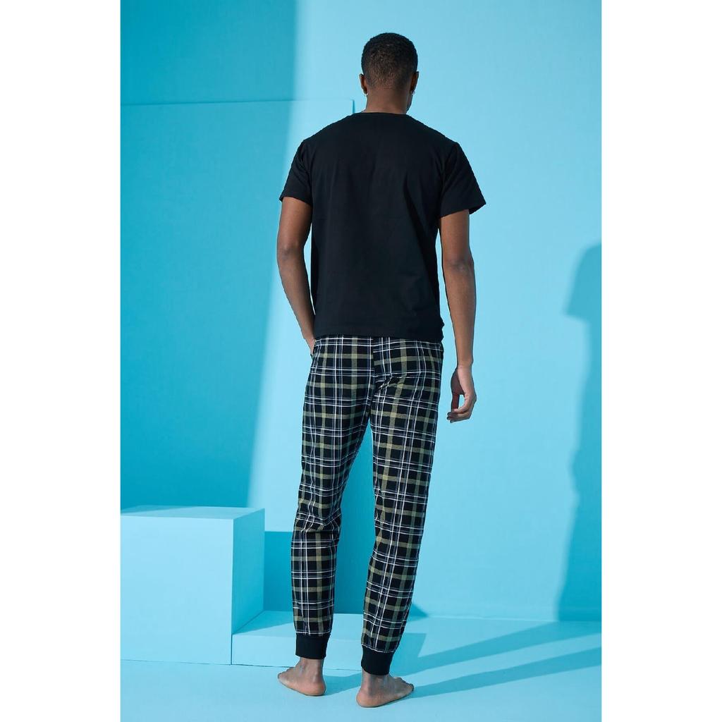 Marineblaues „Hello Summer“-Pyjama-Set mit kurzen Ärmeln und Aufdruck für Herren