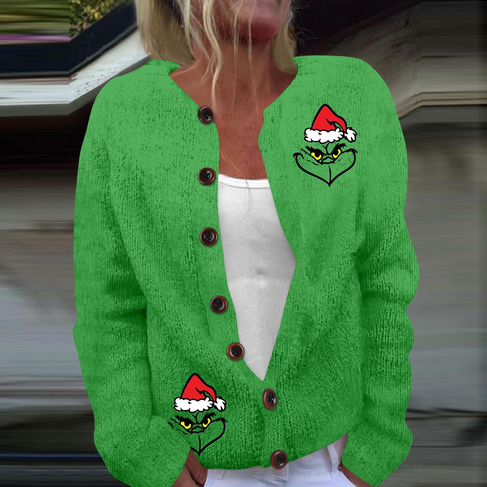 

Женская мода рождественский принт длинный рукав вязаный кардиган пуховик XXXXXL