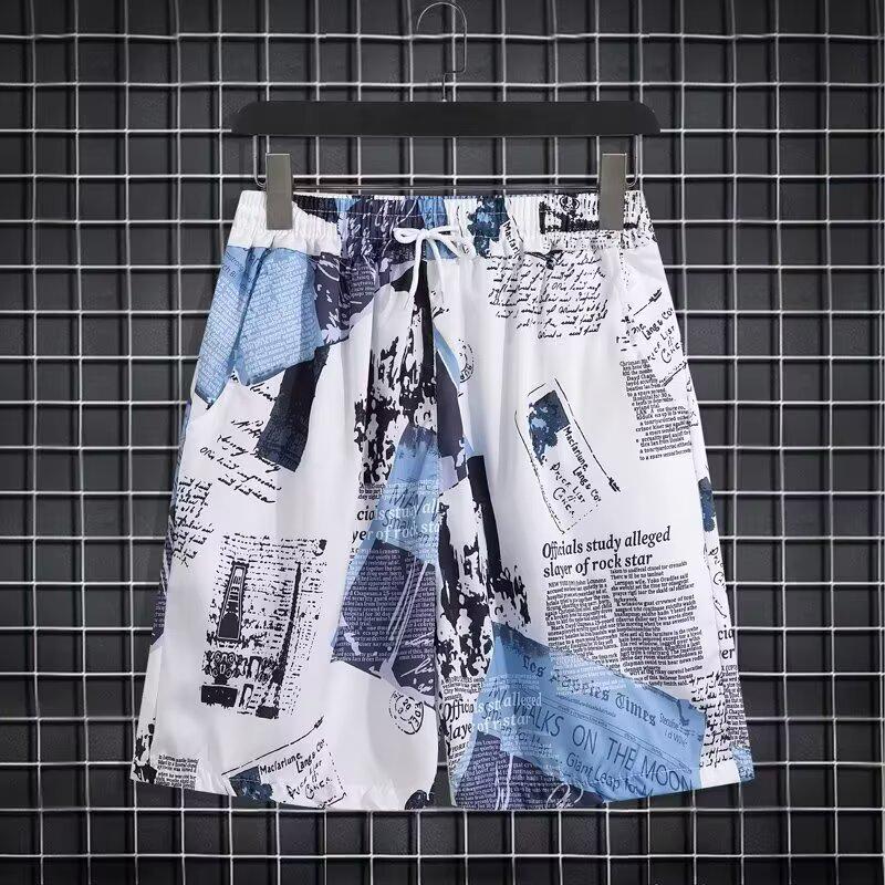 Men's Summer Japanese Trend Newspaper Print Shirt & Floral Beach Shorts Set