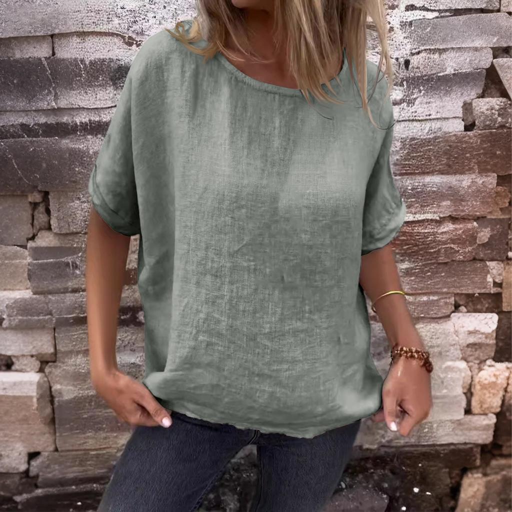 Damen Neu Rundhals Mittellange Ärmel Baumwolle Leinen Locker T-Shirt Top