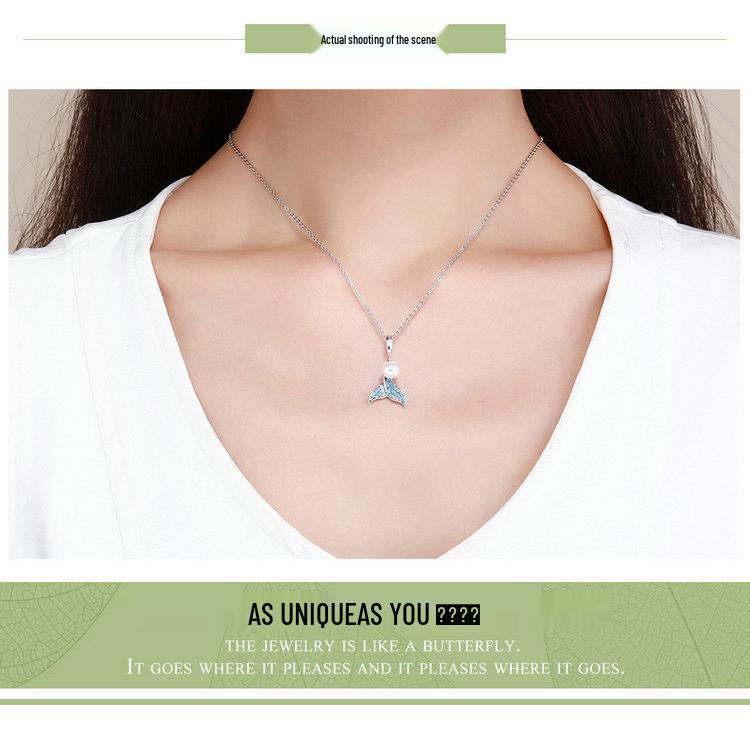 Handmade S925 Sterling Silver Pearl Mermaid Tail Pendant Necklace for Women