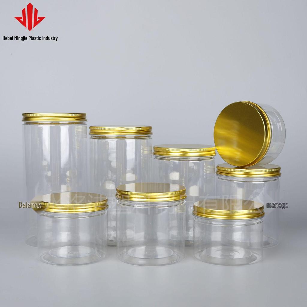 100-Opening Transparent PET Plastic Jar with Aluminum Lid for Kitchen Spices, Nuts, and Snacks
