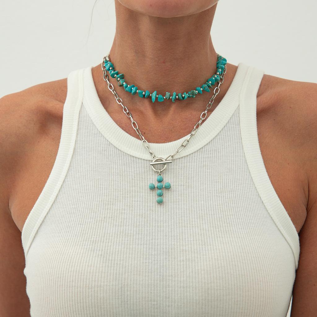 Ethnic Style Imitation Turquoise Cross Beaded Necklace, Retro Love Bow Pendant Collarbone Chain
