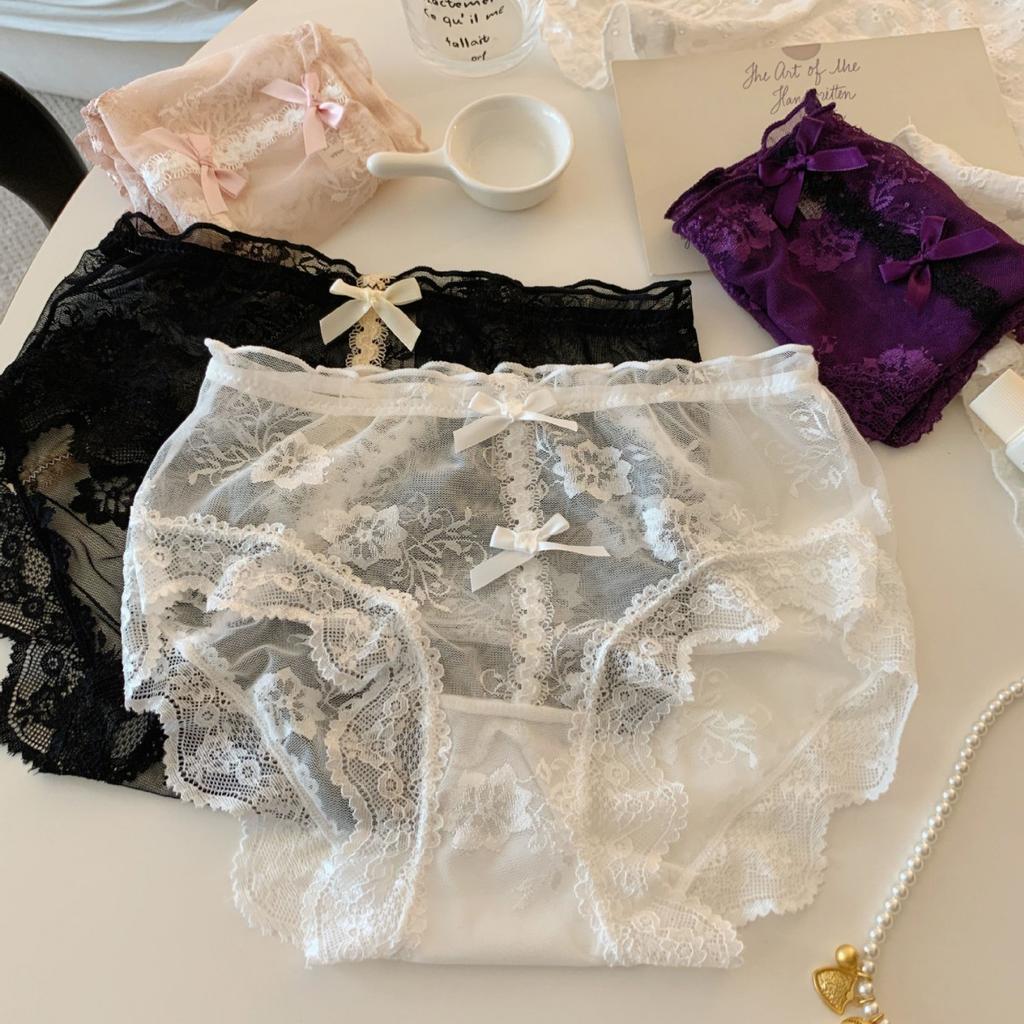 Ladies Summer Sexy Lace Bow Soft Pure Net Yarn Pure Cotton File High Waist Briefs