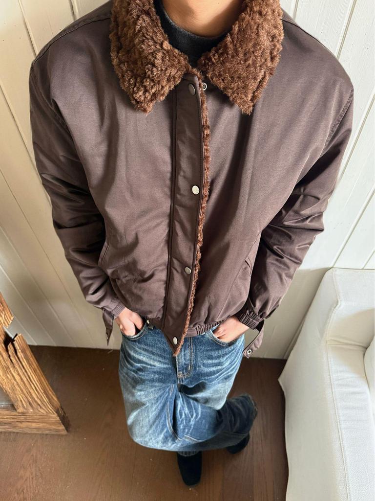 EME Yisheng Yi Men's American Style Winter Bomber Jacket with Fur Collar and Patchwork Design