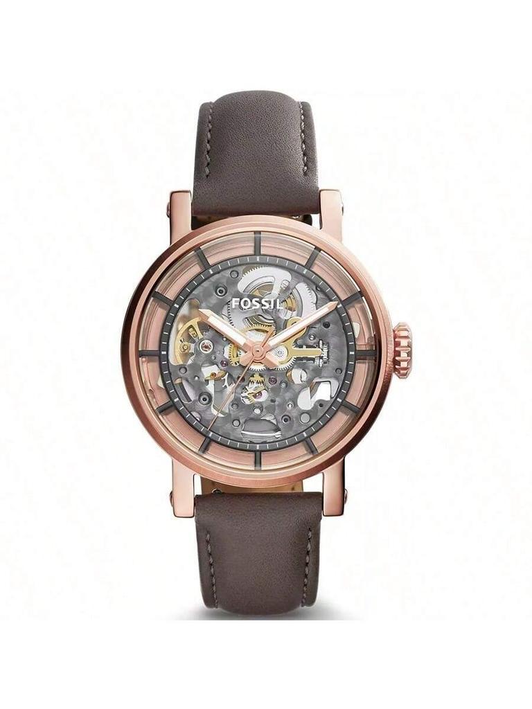Fossil Women's Mechanical Leather Steel Three-Hand Wristwatch, Stainless Steel Case/Glass Mirror ME3089