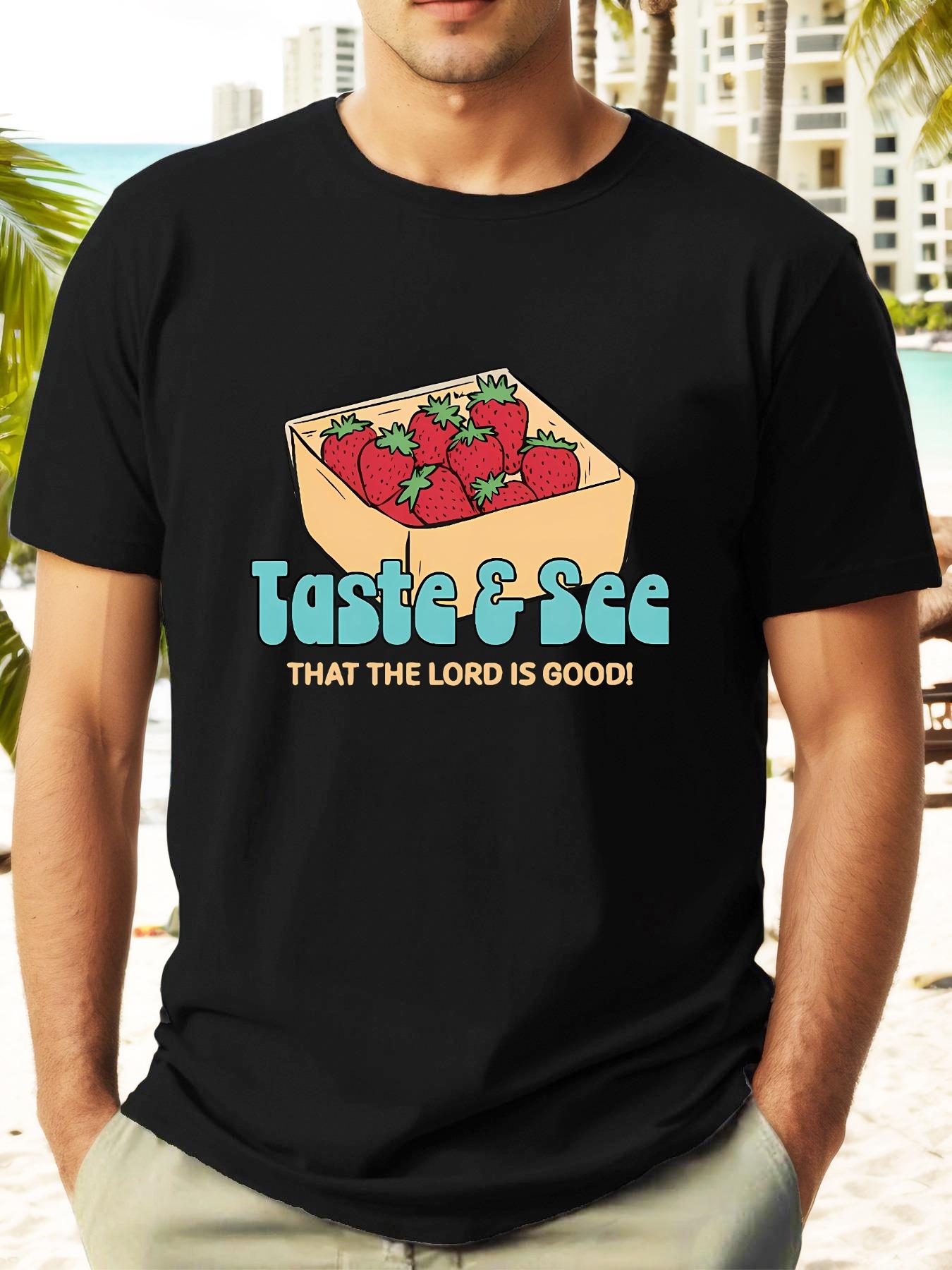 

T-shirt with Cartoon Strawberry Print & Taste & See That The Lord Is Good Graphic - White Summer Round Neck Tee for Adults M