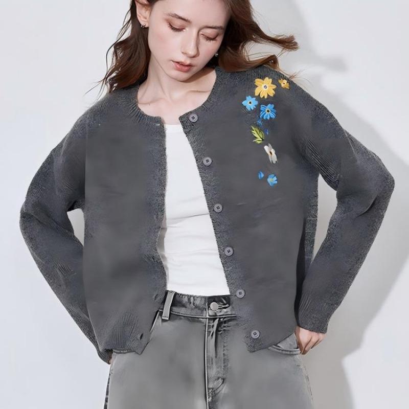 

Вышитый вязаный кардиган женский осенне-зимний новый свободный свитер-жакет с круглым вырезом и цветочным узором женский One size