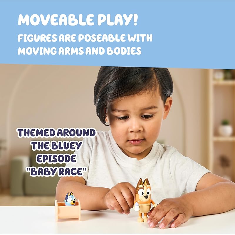 BLUEY Figure 2-Pack Baby Race | 2-Figure Pack with Chili and Baby and Cradle Accessories, 17616