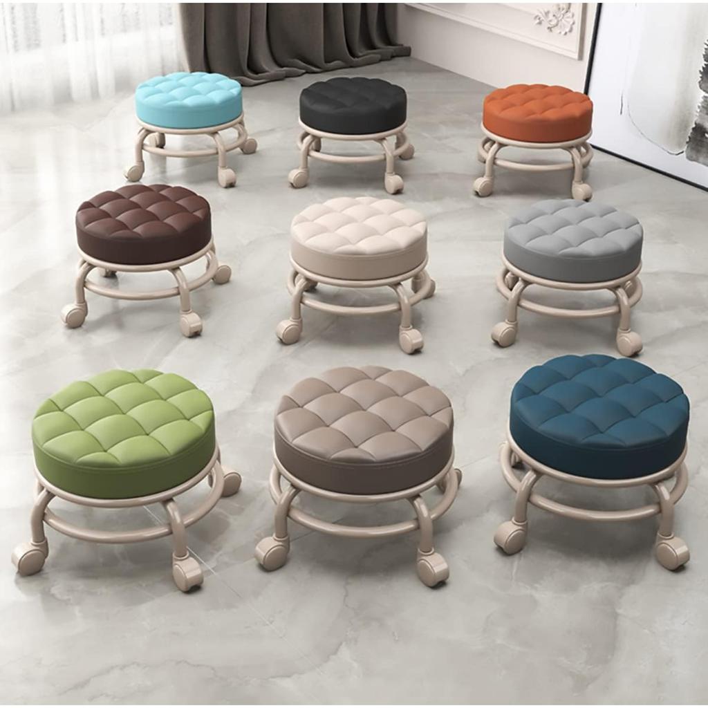 Living Room Footstools With Universal Swivel Caster Wheels Leather Small Rolling Stools Round PU Seat Metal Frame for Home & Office