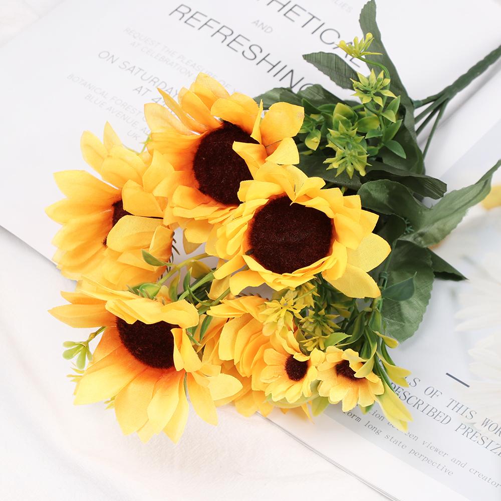 5/7/22 Heads Decorative Bright Yellow Real Touch Artificial Flower Fake Flores Bouquet Wedding Decoration Silk Sunflower