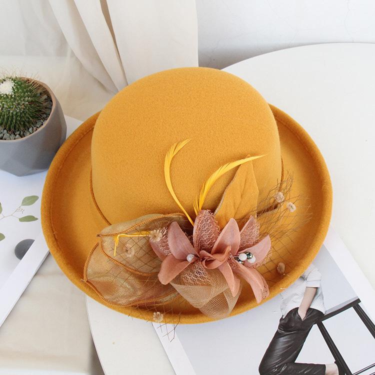Autumn And Winter Curled Feather Flower Woolen Top Hat Women'S British Retro Casual Bucket Hat Mesh Basin Hat Tide