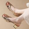 Female Shoes 2025 Solid Brand One-word Buckle Women' Square Toe Sandals Summer Open Toe Chunky Heels Dress Sandals