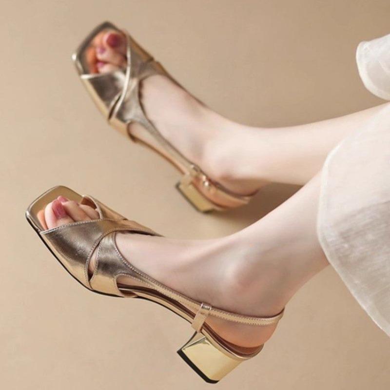 Chaussures pour femmes  Uni  Boucle à une bride Sandales à bout carré pour femmes Sandales d'été à bout ouvert à talons épais Sandales de ville