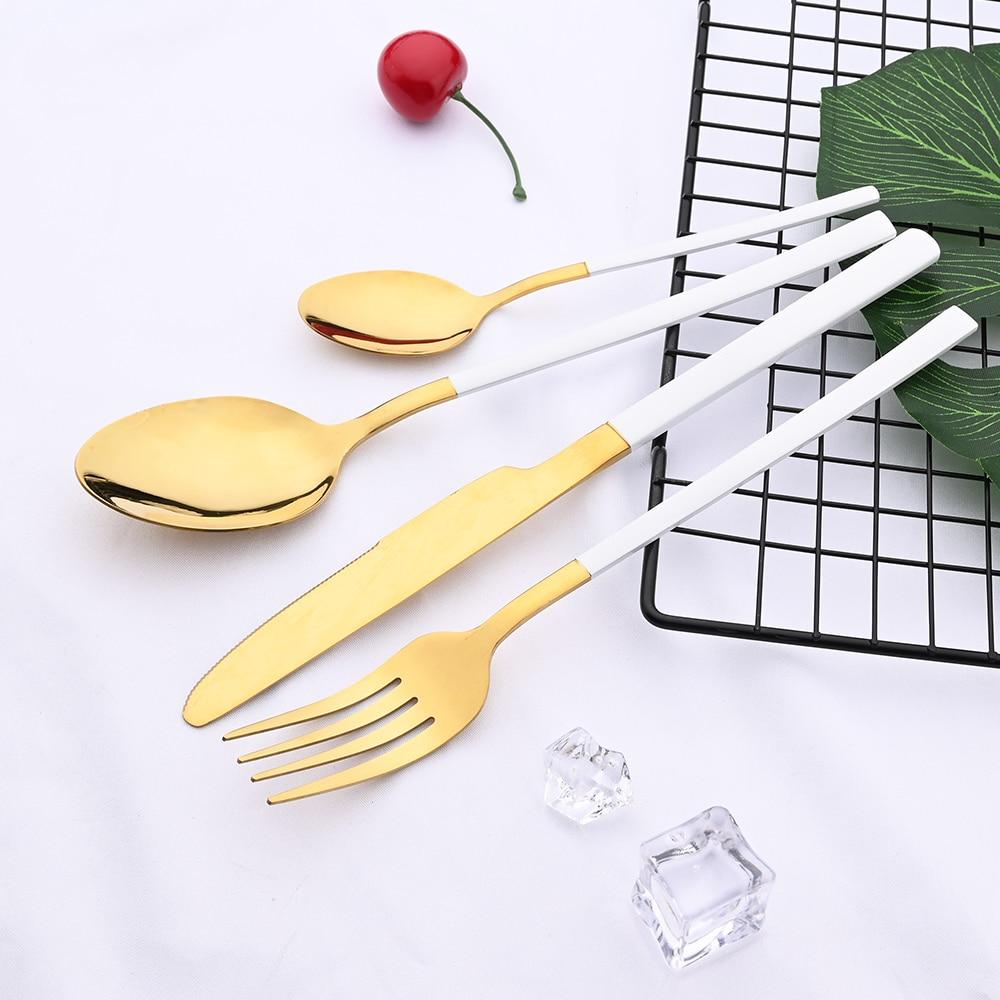 36Pcs/6Sets Mint Gold Cutlery Set Mirror Stainless Steel Flatware Knife Dessert Fork Tea Spoon Dinnerware Kitchen Restaurant Tableware