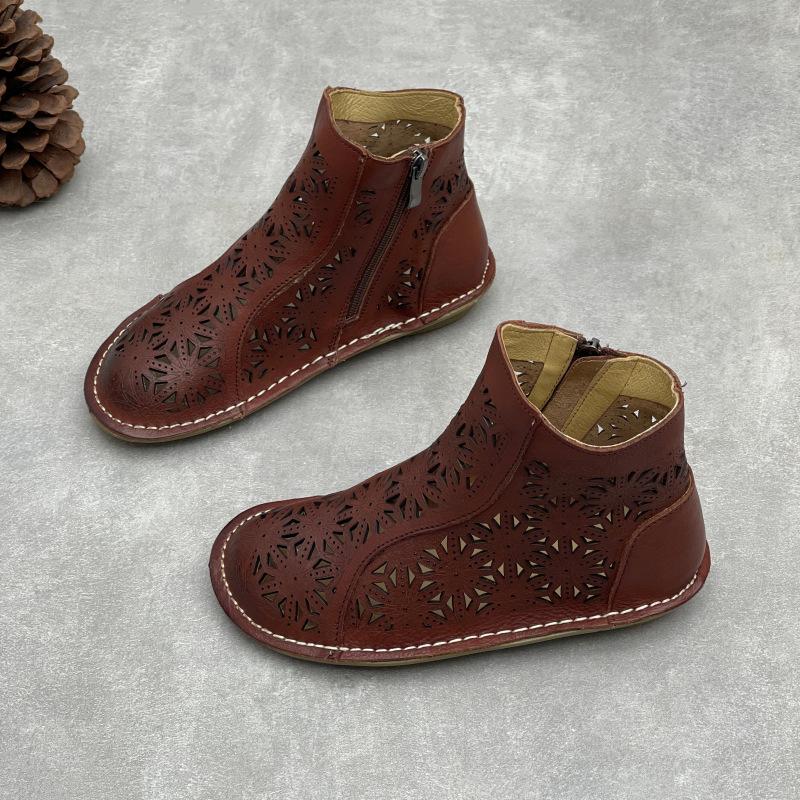Johnature Stivali Estivi Artigianali Vintage in Vera Pelle Punta Tonda Piatta Traspiranti Traforati Scarpe da Donna