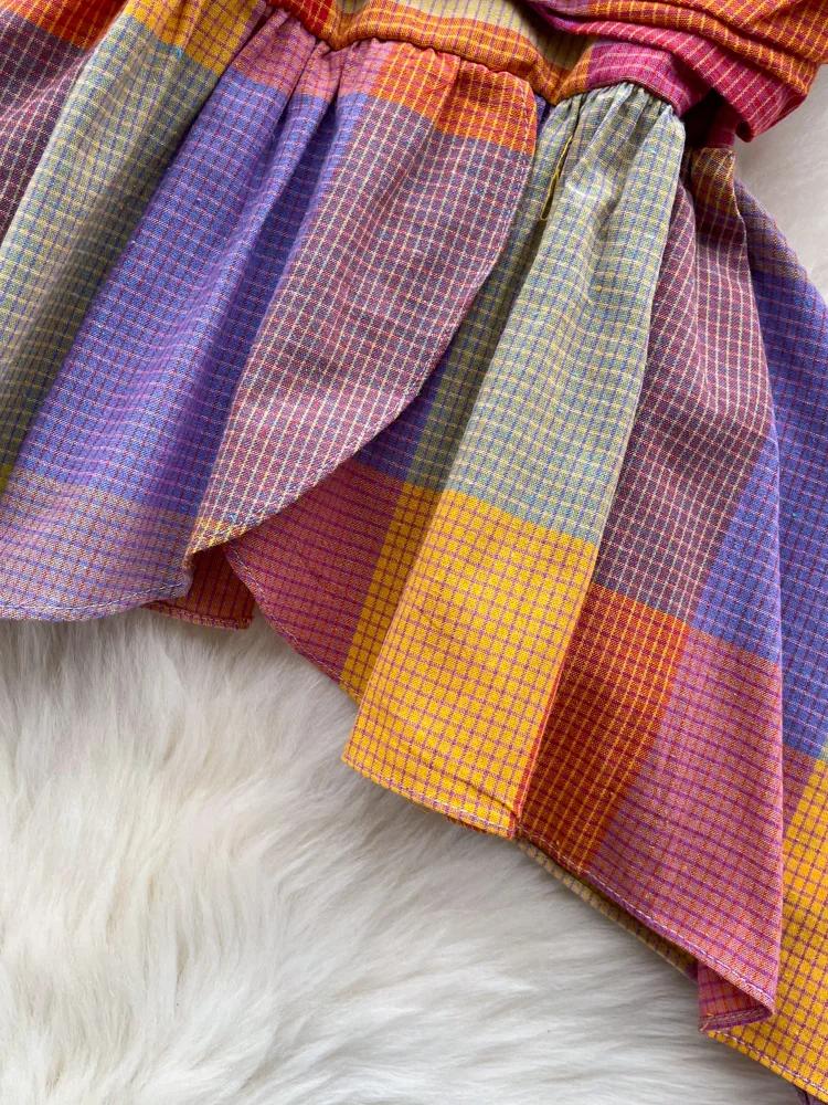 Summer American Retro Beach Vacation Vest Women Sling Slim Chic Colored Plaid Tops Female High Street Ruffled Edge Clothes New