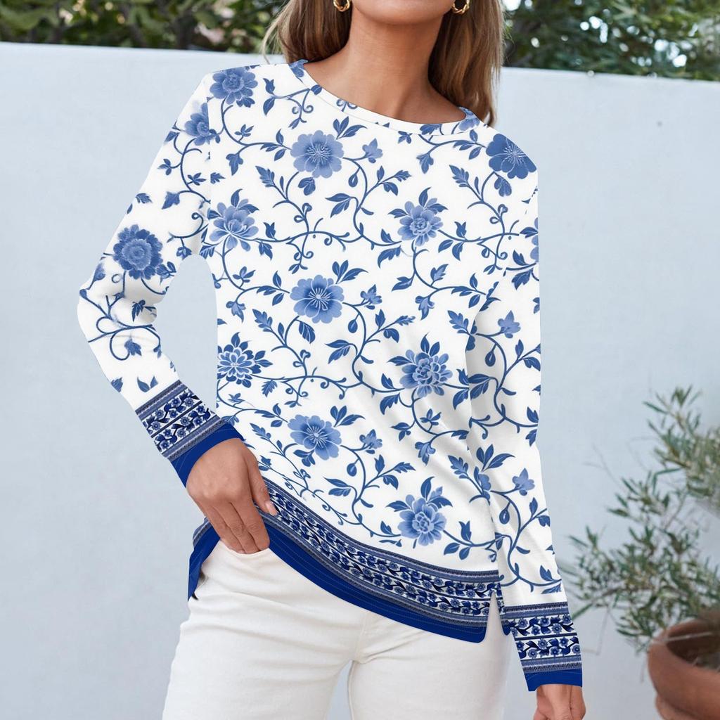 Dame Hverdagslig Langermet Trykket O-hals Topp