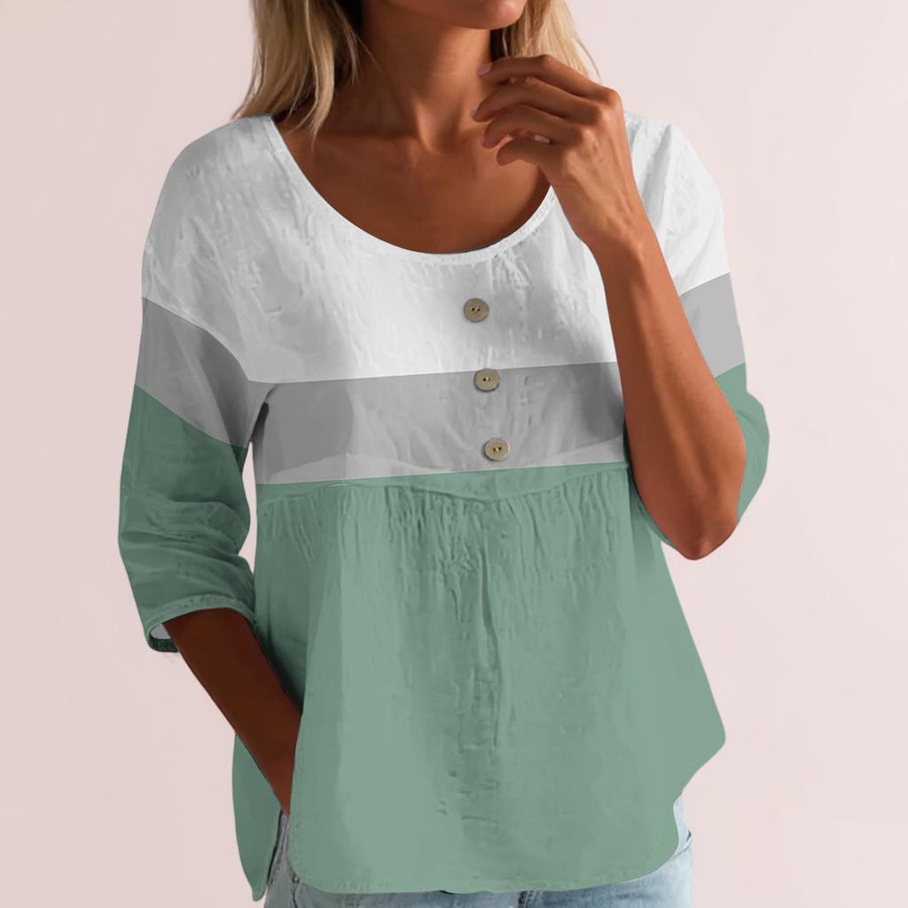 Damen Casual Mode Dreiviertelarm Locker Rundhals Knopf Karoprint Oberteil