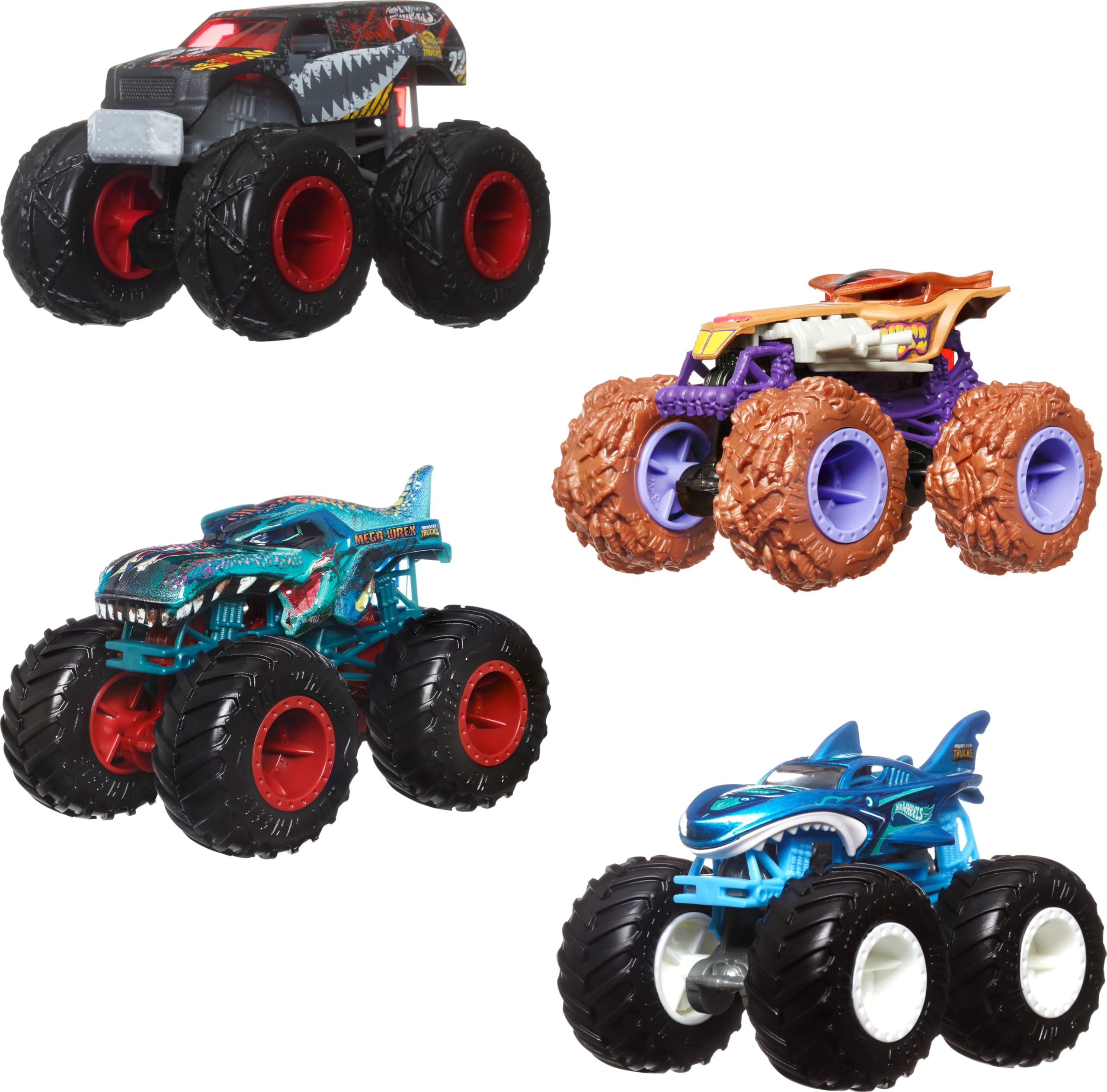

Hot Wheels Monster Trucks, 1:64 Scale Monster Trucks Toy Trucks, Set of 4, Giant Wheels, Favorite Characters and Cool Designs (Amazon Exclusive)