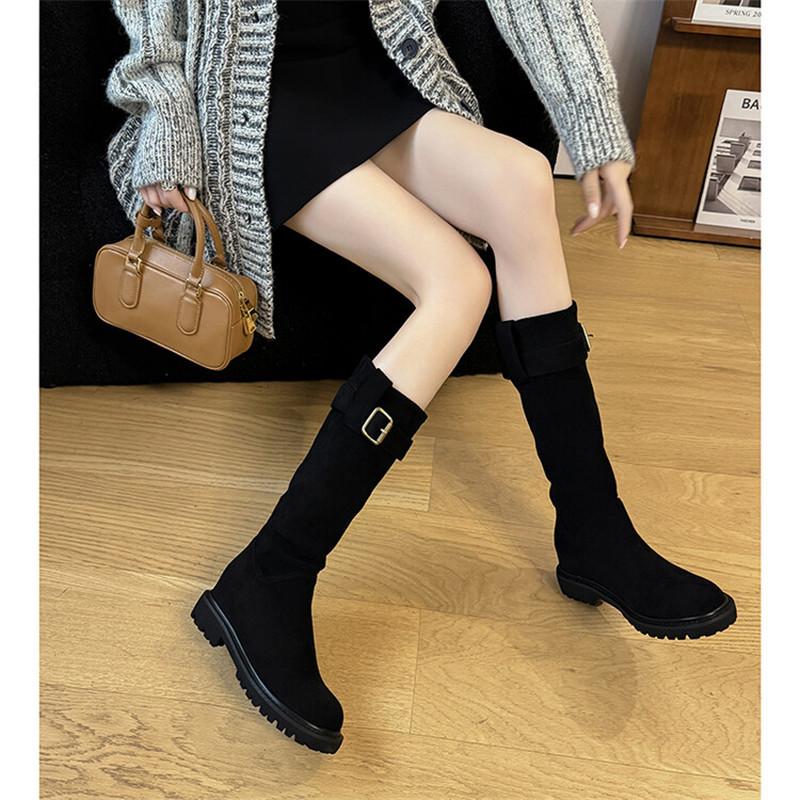 Fashion Autumn Winter Women Boot Fashion Belt Buckle Round Toe Platform Boots for Women Ladies Shoes Thick Heel Knee Boots Elastic Boots
