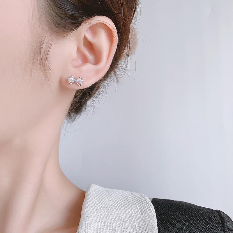 Sweet Exquisite Diamond Butterfly Knot 925 Sterling Silver Jewelry Compact and Versatile Stud Earrings 3828