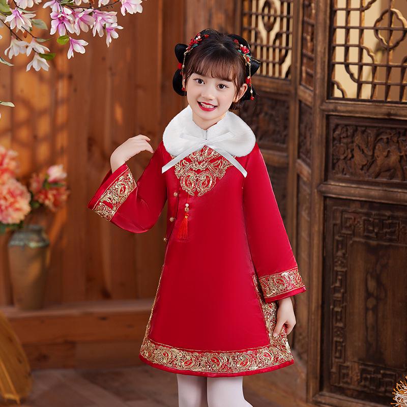 Mädchen Roter Winter Cheongsam Tang Anzug - Gepolsterte Chinesische Neujahrs Kleidung für Kinder