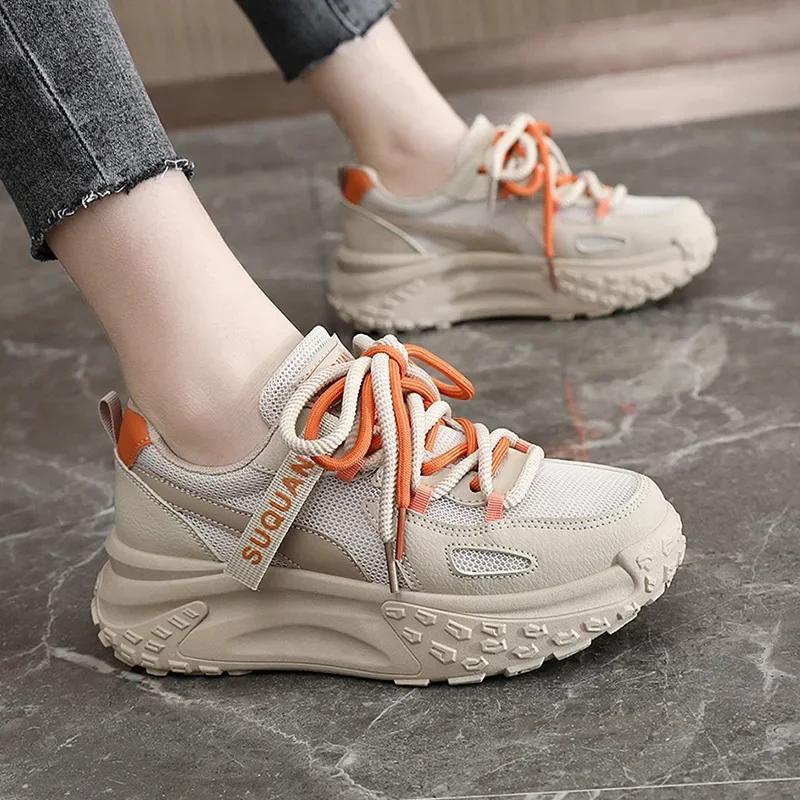 Women's Sneakers Autumn Height Increasing Breathable Thick Soled Mesh White Shoes Wear-resistant Lace Up Casual Sports Shoes