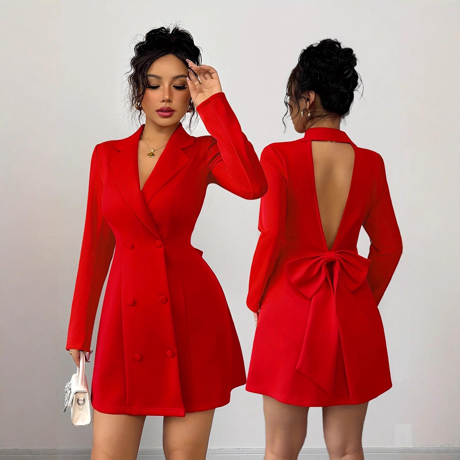 Women s Double-Breasted V-Neck Bow Long Sleeve Short Dress Small