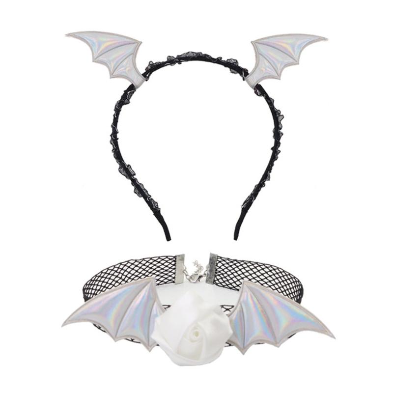 Halloween Devil Costume Set Devil Bat Headband Lace Choker Demons Cosplay Accessories for Carnivals Themed Party Props
