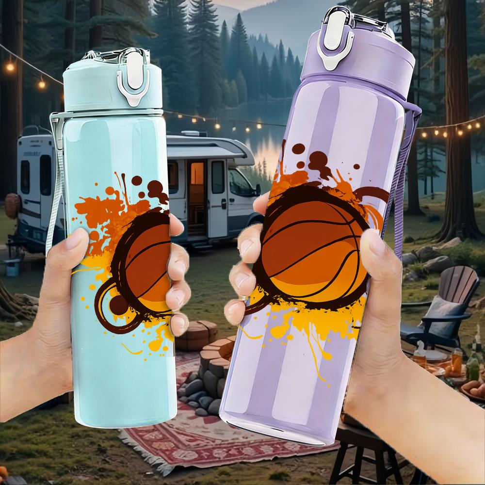 1PC Splashing Orange Basketball Graphic 750ml Color Plastic Sports Water Bottle Leakproof Flip Straw Lid For Sports Office Home Use