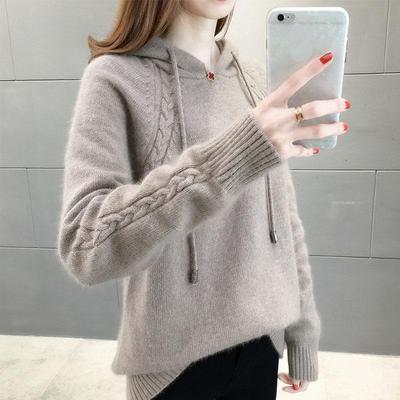 Autumn and Winter Women's Sweater Lazy Wind Loose Pullover Sweater Long-sleeved Hooded Knitted Sweater
