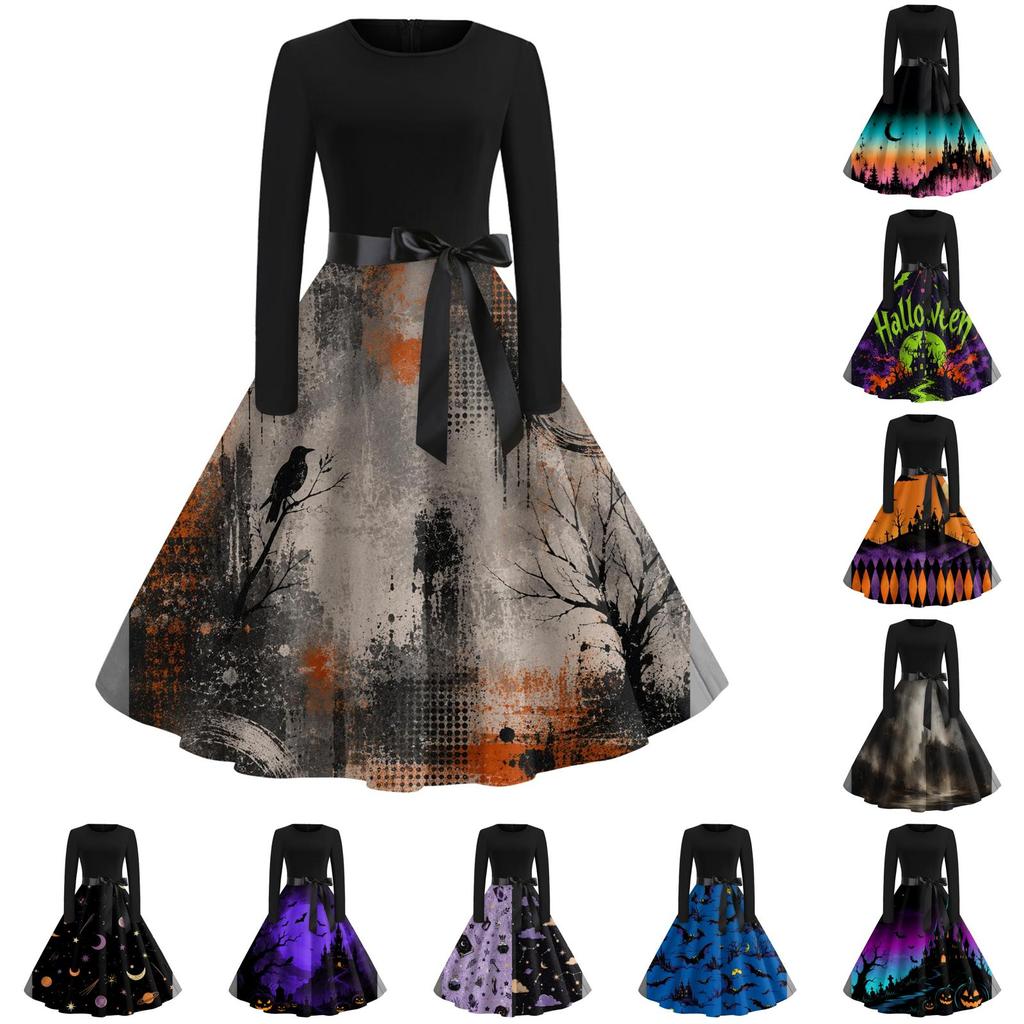 Women Crew Neck Halloween Print Dress Long Sleeve Casual Style A Line Midi Dress with Belt and Pattern Skirt