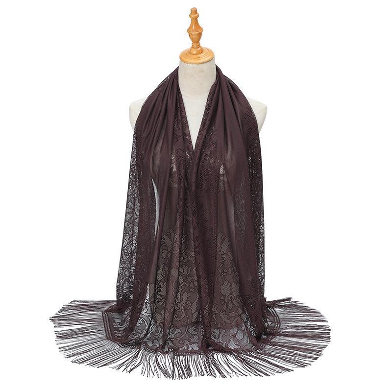 

Европейский и американский однотонный шелковый шарф-хиджаб с кисточками и кружевом - летняя шаль для женщин