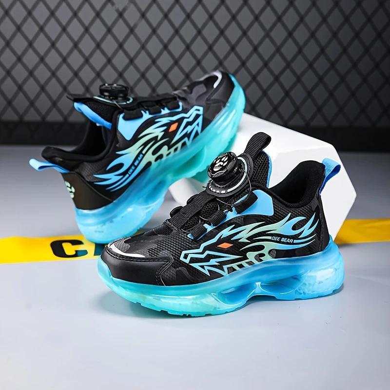 Boys' Rotary Buckle Low Top Sneakers with Striped Pattern, PU Upper, Fabric Inner, EVA Sole, Breathable Insole for Running