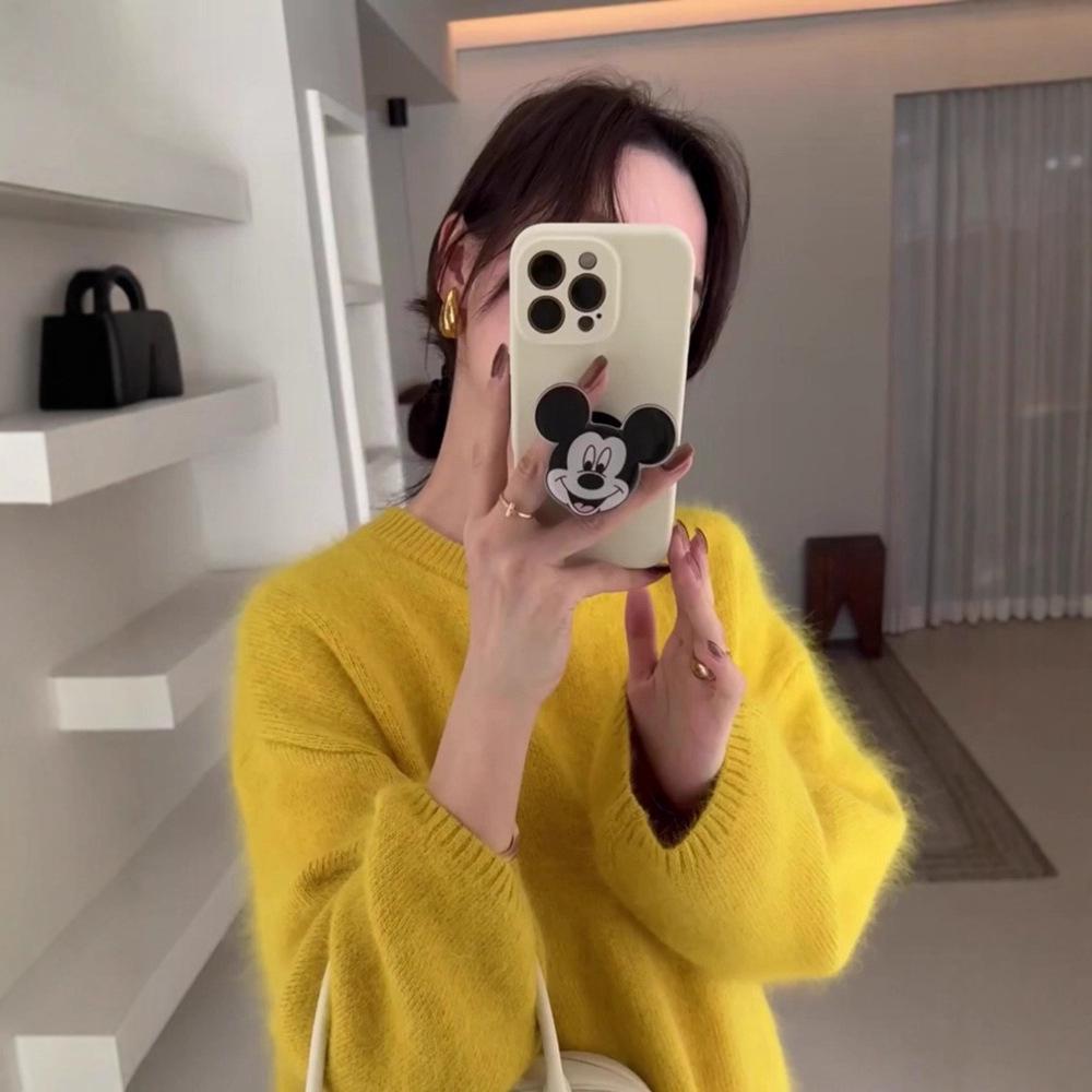 Women's Yellow Long Pile Wool Knit Pullover - Thick, Warm, Loose Fit for Autumn