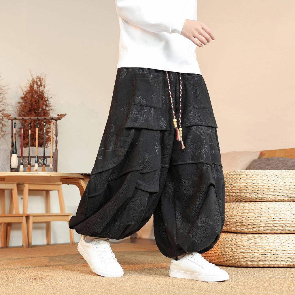 Men Chinese Style Harem Pants Men Dragon Pattern Lamb Fleece Pants Male Pleated Wide Leg Pants Male Harajuku Lantern Trousers