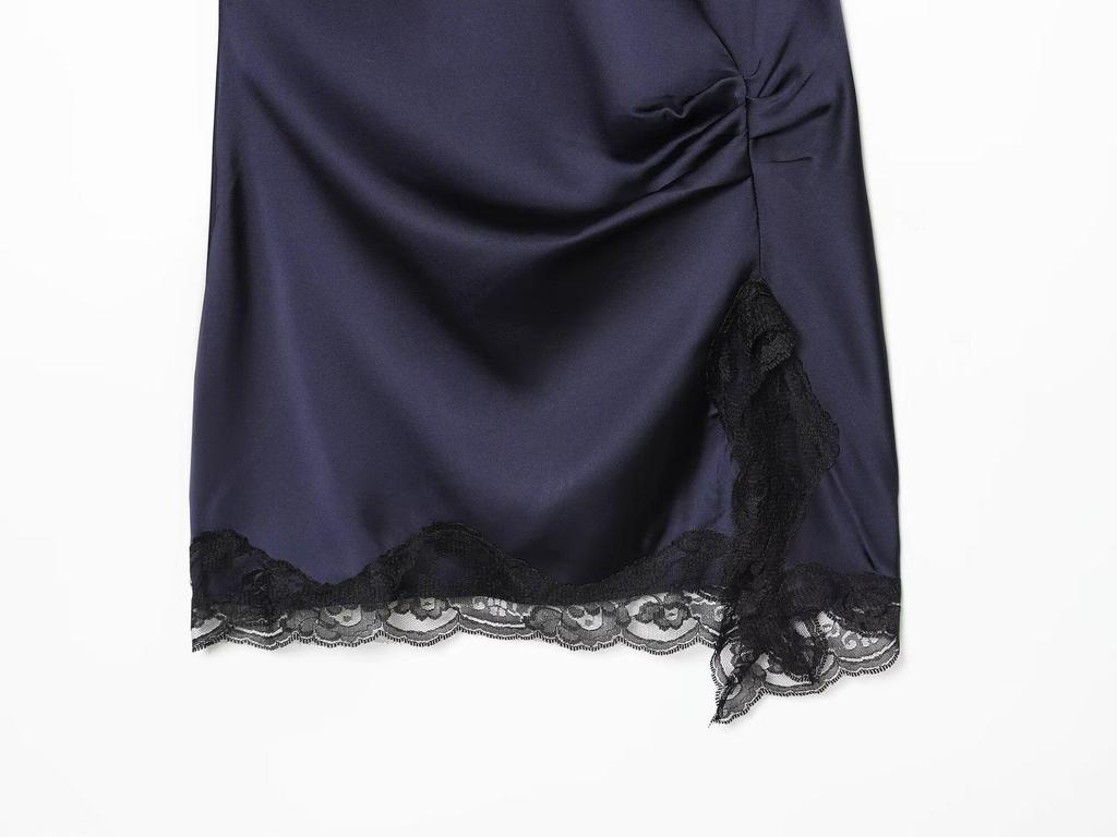2025 A/W Women's European Lace Patchwork Silk Satin Mini Dress