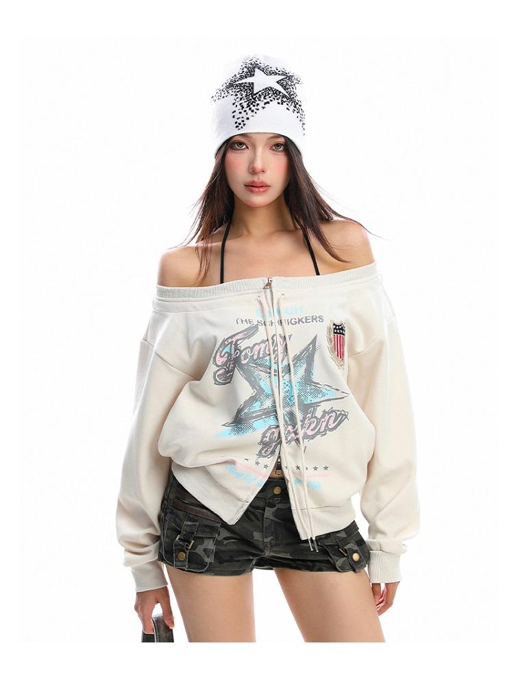 

Свитшоты с длинным рукавом оверсайз на молнии, сексуальные с открытыми плечами, повседневные свободные женские весенне-осенние топы M абрикосовый