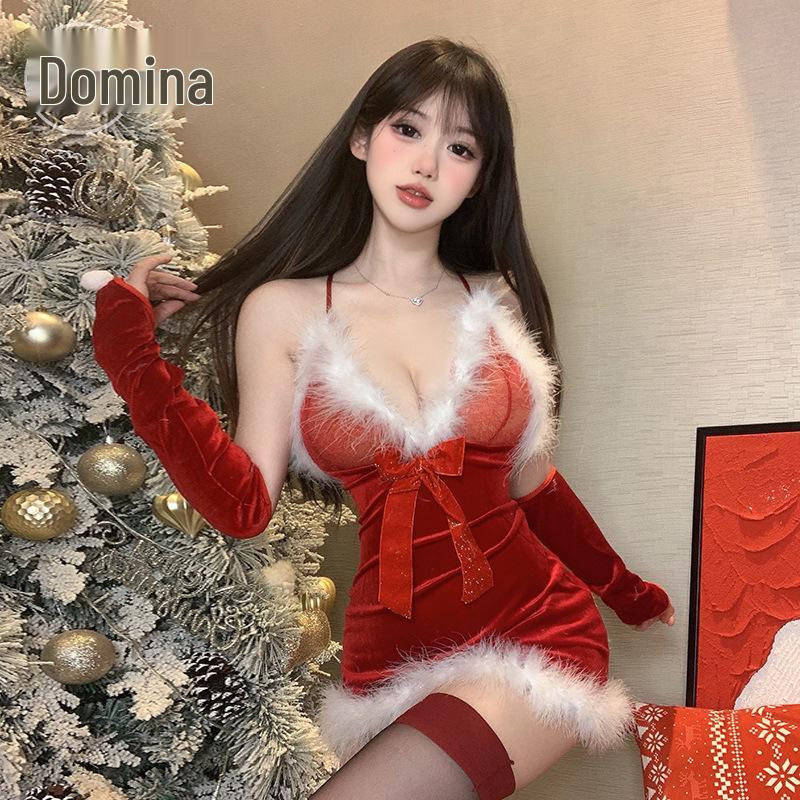 Domi La Sexy Lingerie: Women's Sensual Plush Camisole Nightgown with Short Skirt - Christmas Passionate Quick-Release Uniform Set.