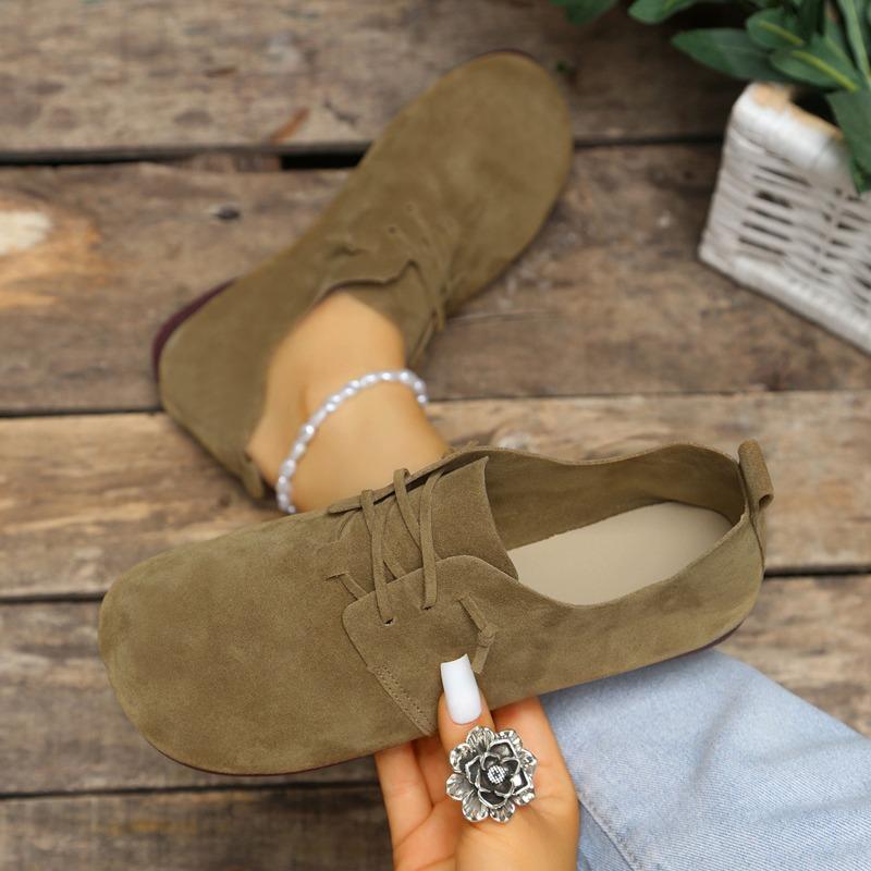 Sapatos casuais femininos de bico fino com cadarço, estilo vintage, planos, de bico baixo, para uso diário e dirigir