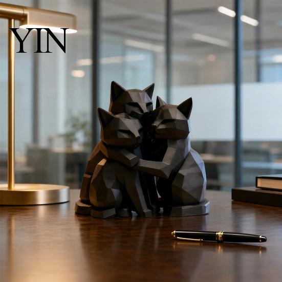 Animal Shape Ornament 3D Printed Black Cat Figurine, Three Hugging Geometric Statue, Matte Figure Modern Sculpture for Home Office Bookshelf Durable