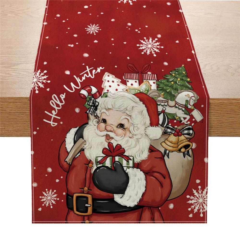 Christmas Table Runner Winter Snowman Santa Print Dining Table Mat for Holiday Decor