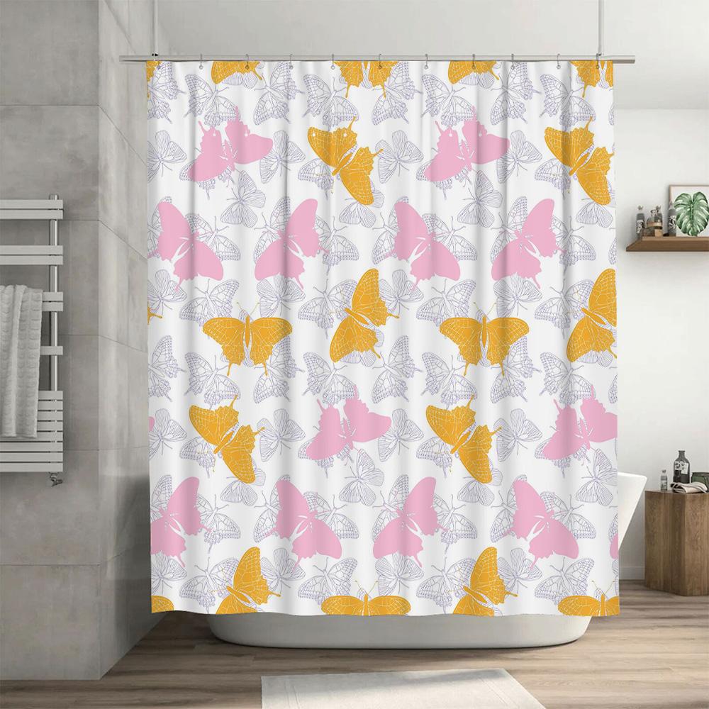 Vibrant Butterfly Shower Curtain Pink Yellow Floral Design for Bathroom Decorations Polyester Material Waterproof Washable