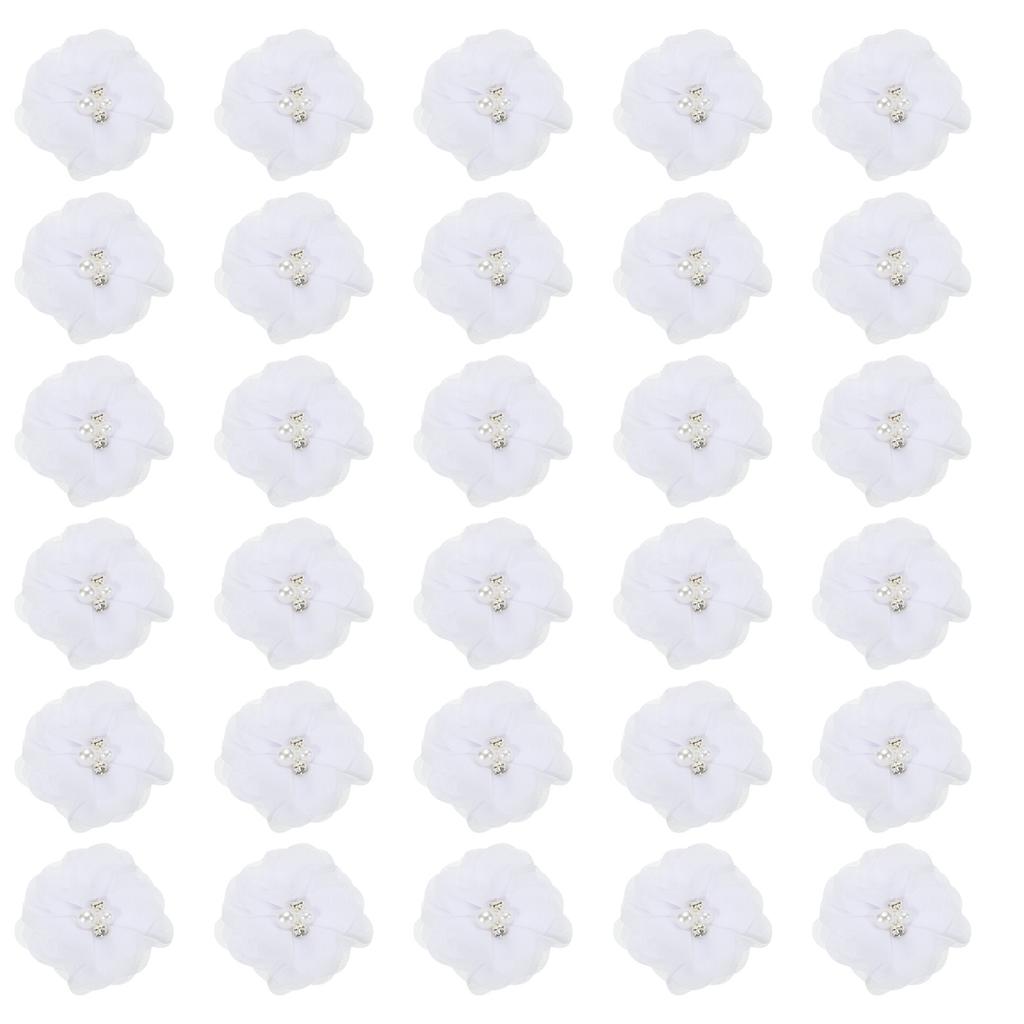 12/30pcs Chiffon Flowers Rhinestone Pearl Sewing Fabric Flowers Artificial Appliques Embellishment for Clothing Wedding Craft 2"